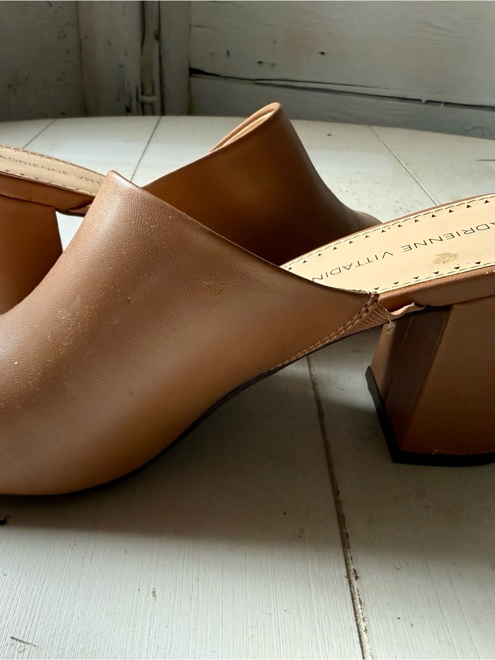 Vittadini Tan Leather-Like 3” Block Heel Slide-Ons